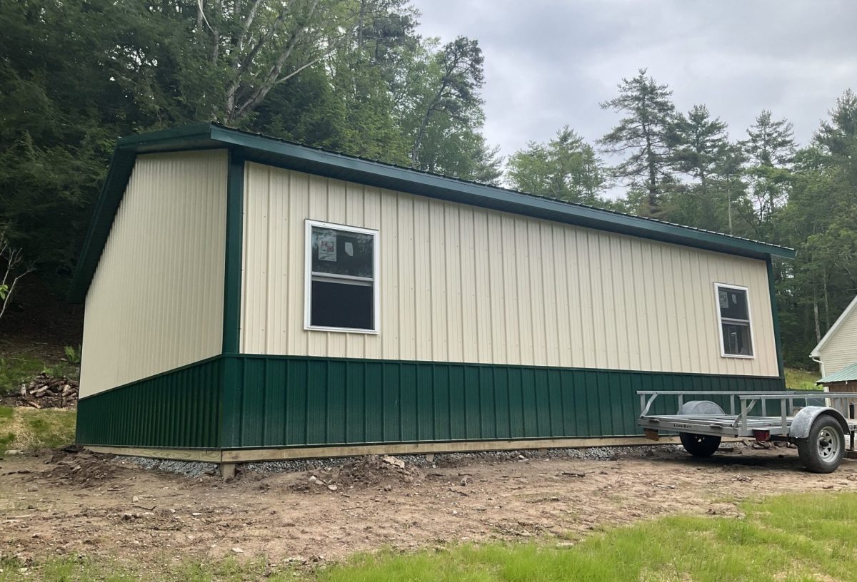 32x32x10 Forest Roof Ivory Siding Forest Wainscoting Fascia Soffit White Doors and Windows